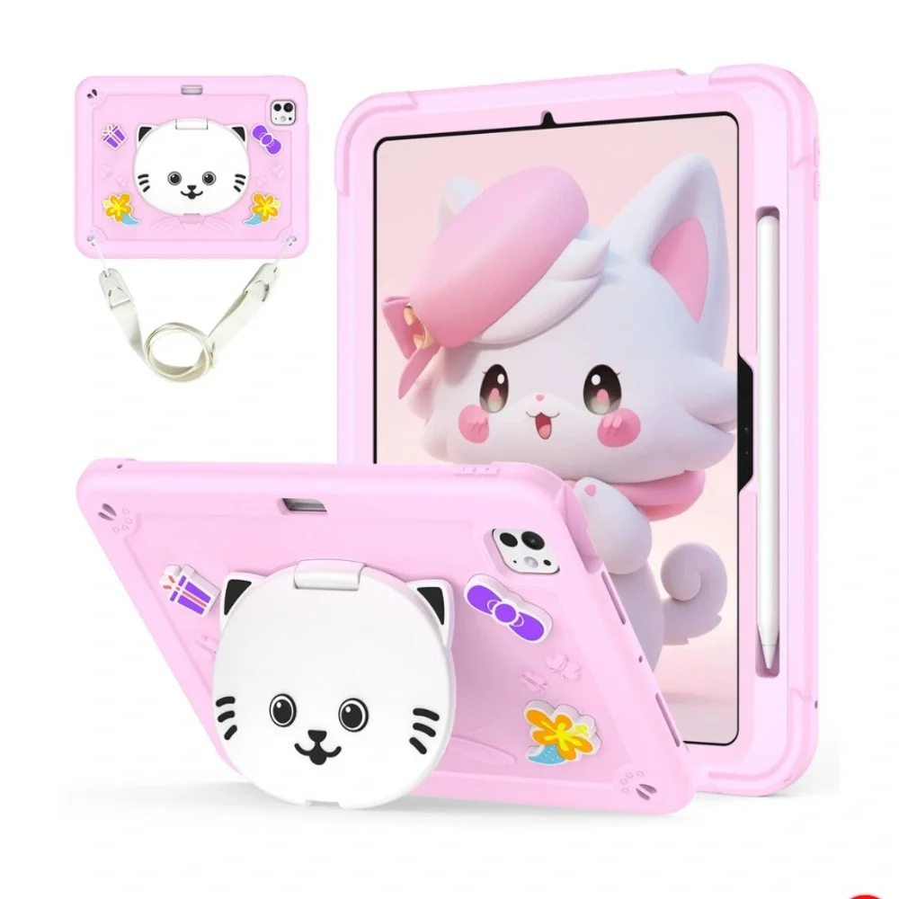 NEW IPAD PRO 11 2024 TABLET CASE HOLDER SILICONE HYBRID PC STRAP CHERRY BLOSSOM